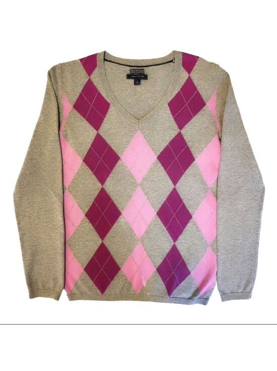 Tommy Hilfiger Sweaters - Tommy Hilfiger Y2K Argyle V-Neck Sweater Light Academia Pima Cotton Pink Small